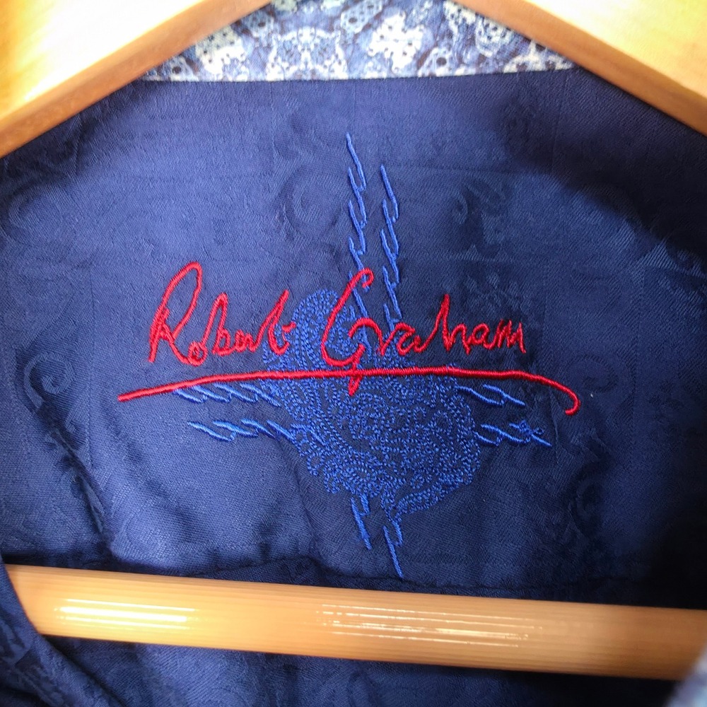 Robert Graham Paisley Jacquard Button Down Men L Blue Contrast Trim Long Sleeve - Picture 4 of 9